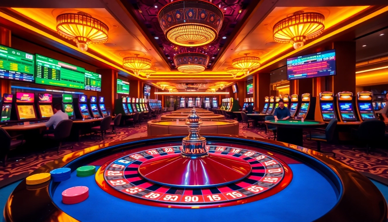 Engage in thrilling gameplay at tk88 with vibrant casino tables, roulette, and sleek digital displays.