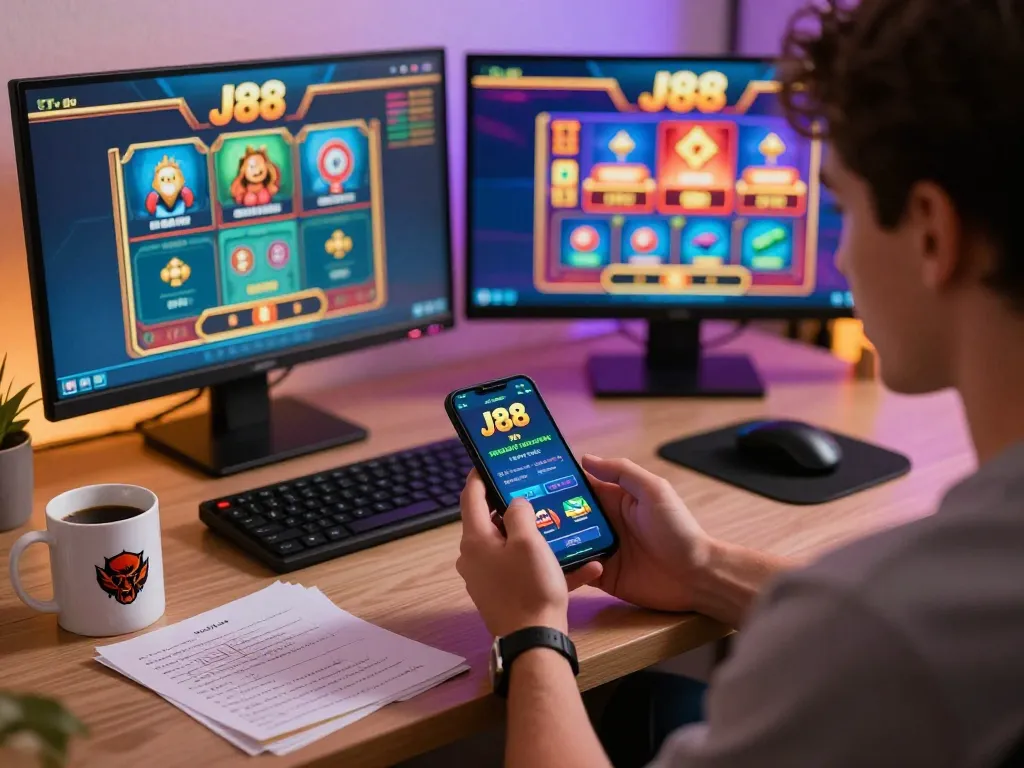 Engaging with the J88 app for online casino gaming on a smartphone.