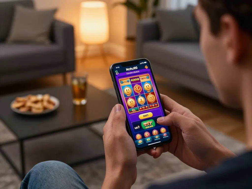Nohu90 user interacting with mobile app for seamless online gambling experience, showcasing gaming interface and home scene.