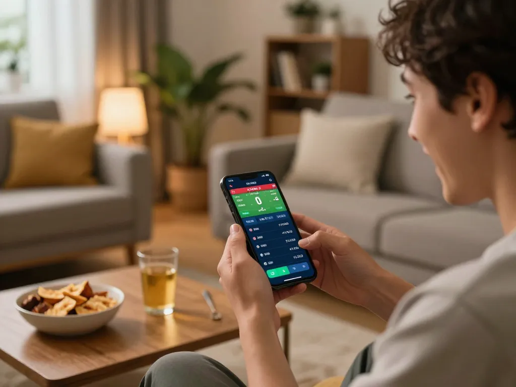 Engaging with kèo bóng đá on mobile app in a cozy living room setting