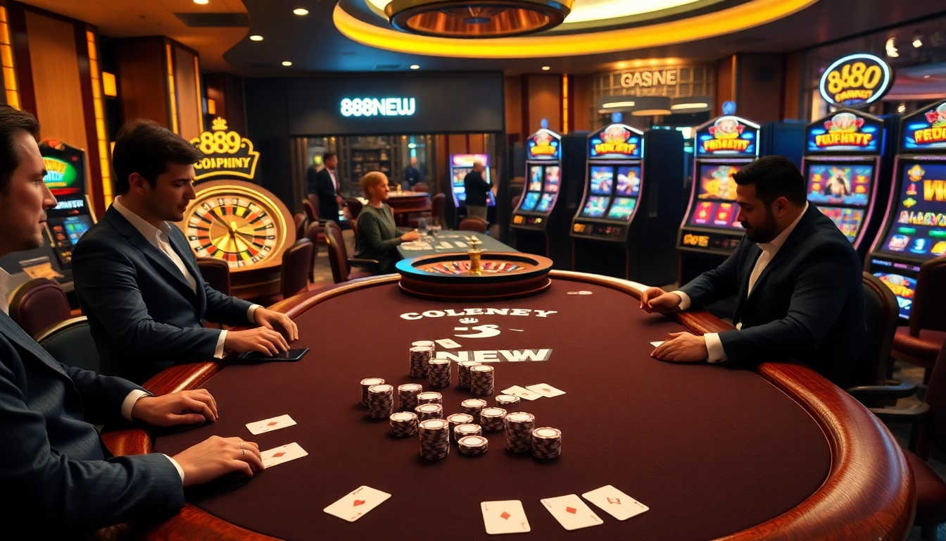 Experience thrilling poker action at 888NEW casino with vibrant chips and cards.