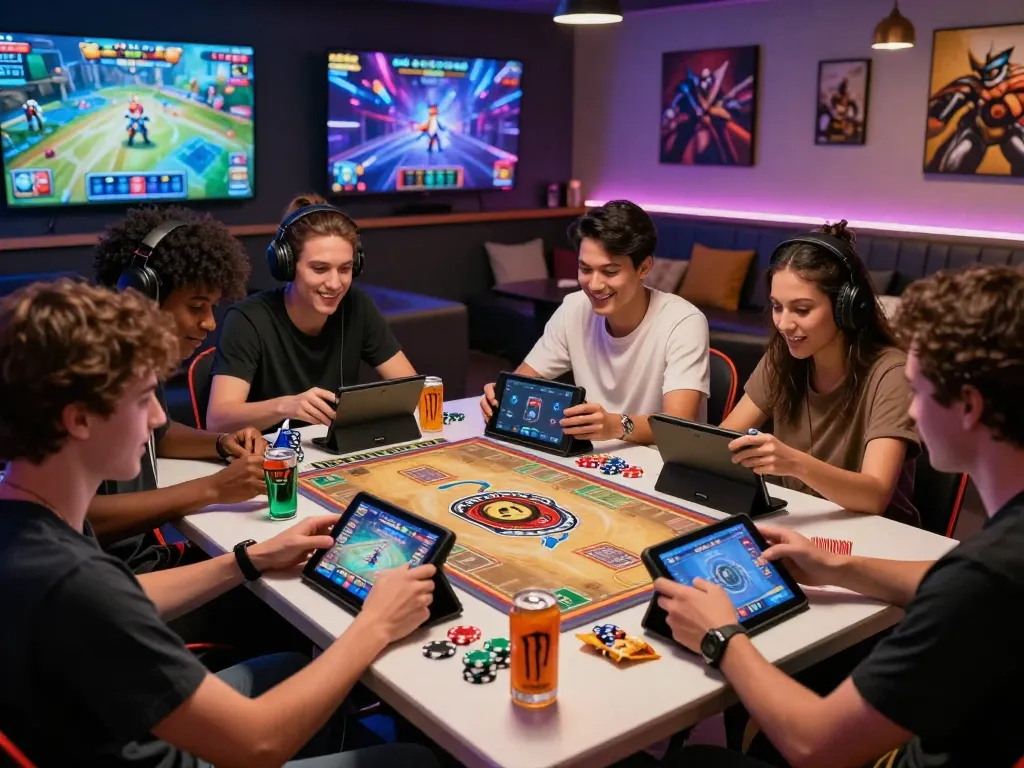 Engaged friends playing card games at rik vip gaming lounge with tablets and vibrant graphics.