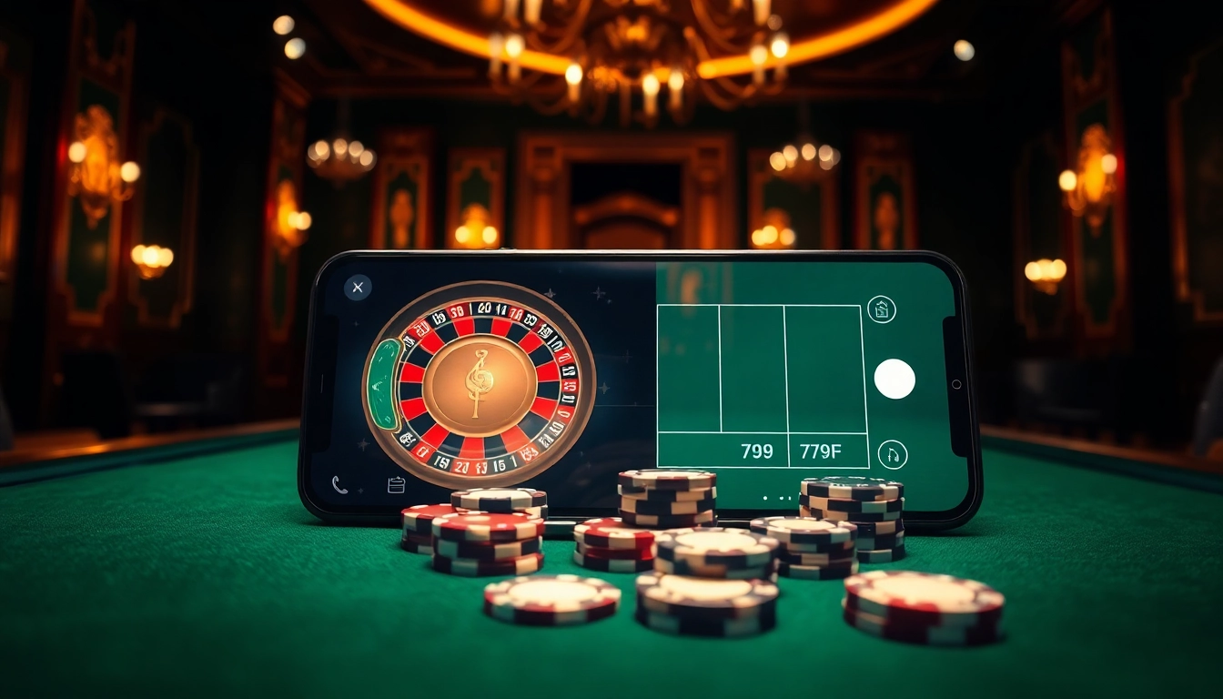 Mobile gambling with 789F casino interface and poker chips on a luxurious table
