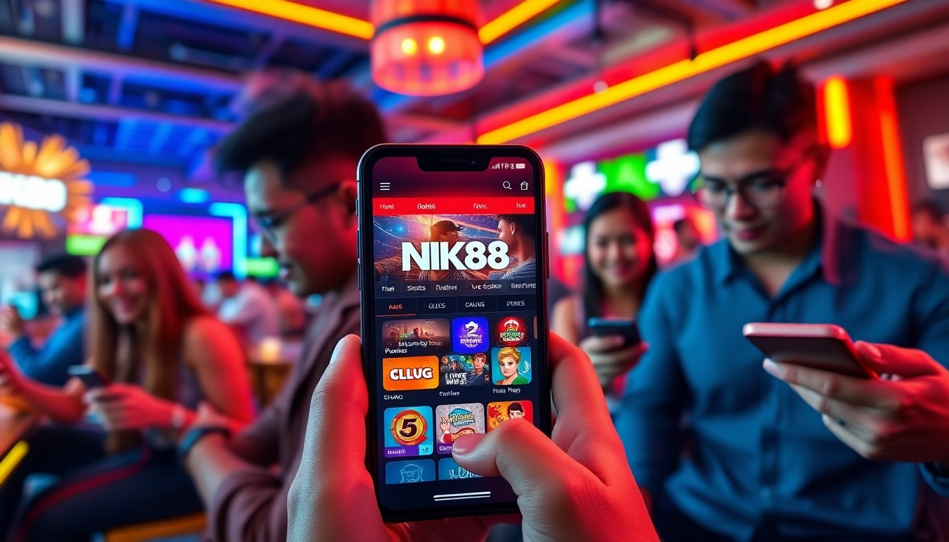 Engaged players exploring the NK88 gaming platform on mobile devices, showcasing vibrant gaming opportunities.