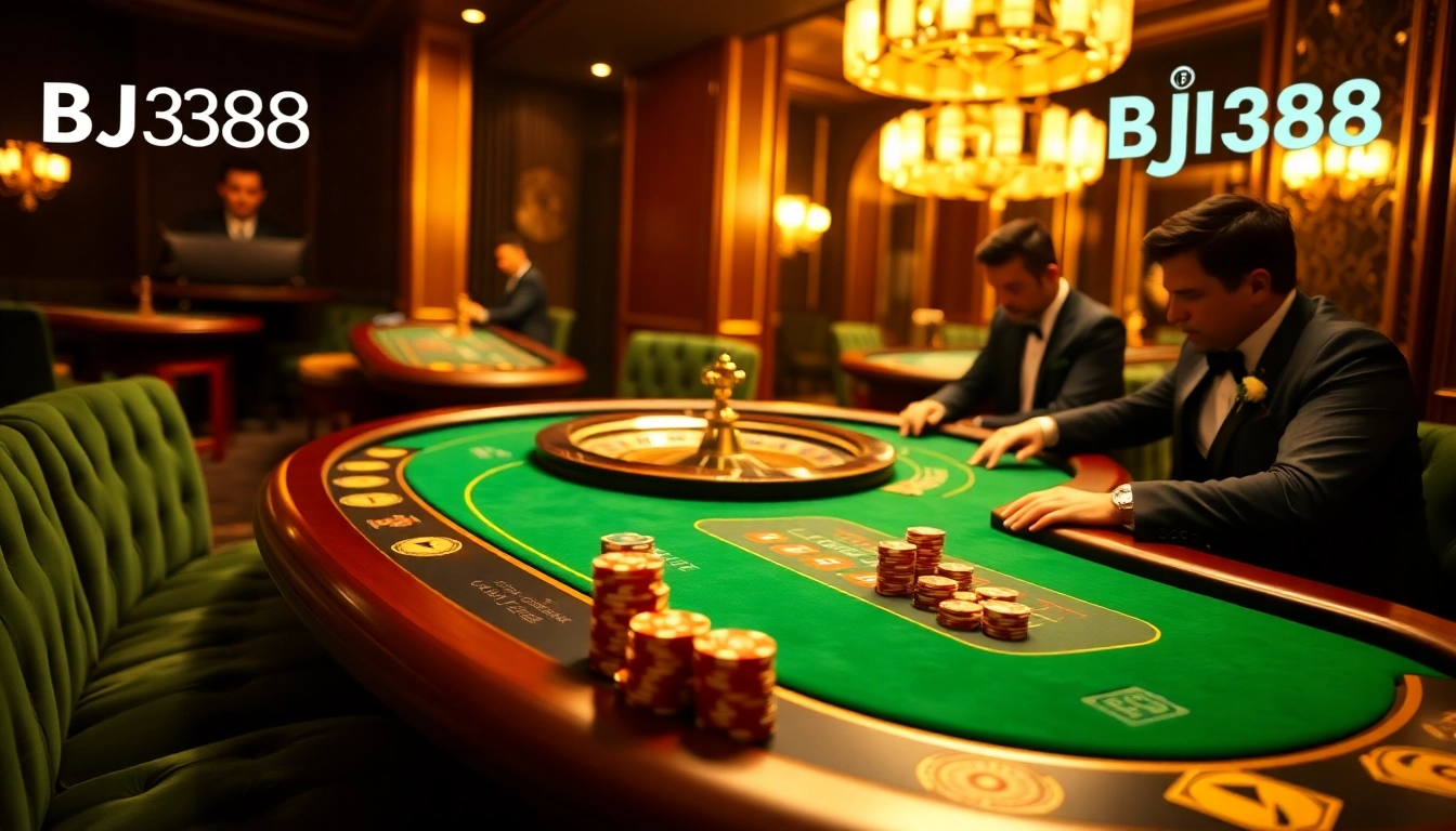 Experience lavish gameplay at BJ388's high-stakes casino table with vibrant elements.