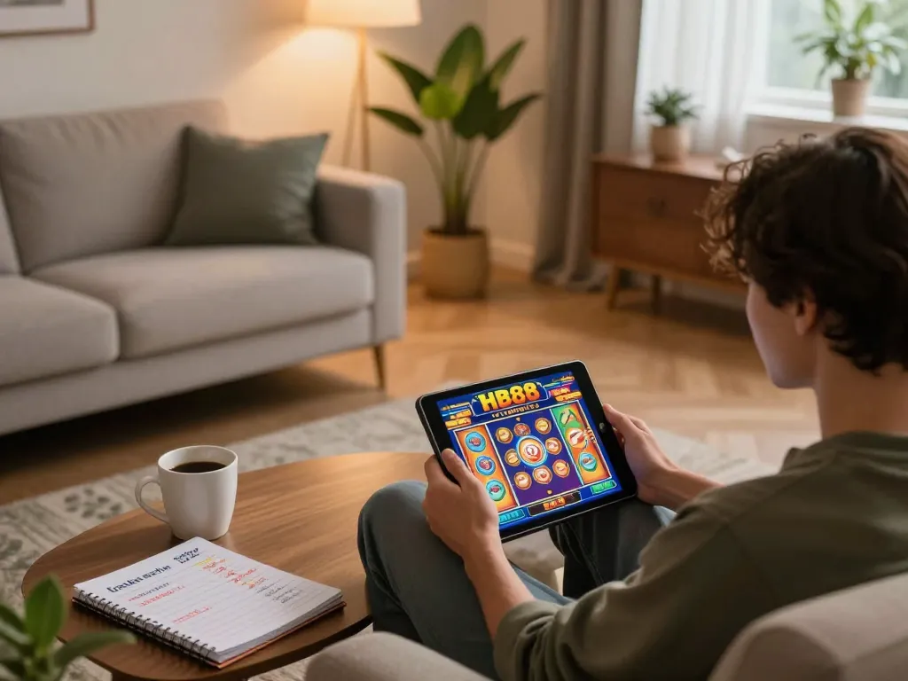 Engaging in HB88's slot games on a tablet in a cozy living room setting