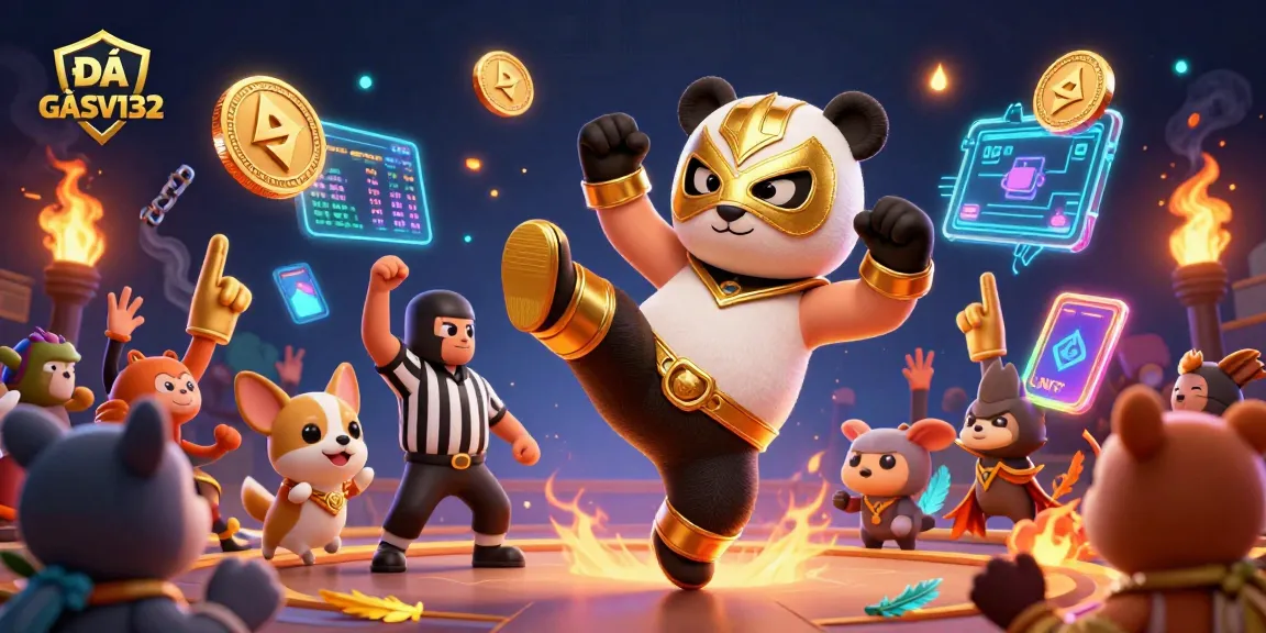 Engaging 3D action scene featuring ĐÁ GÀ SV132 with a panda wrestler and chihuahua referee in a lively arena.