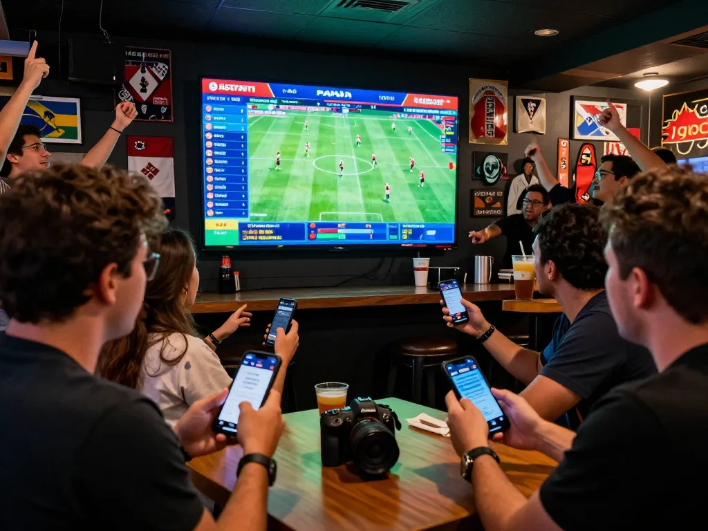 Exciting sports betting experience at 1gom with enthusiastic fans and live soccer matches, showcasing vibrant atmosphere.