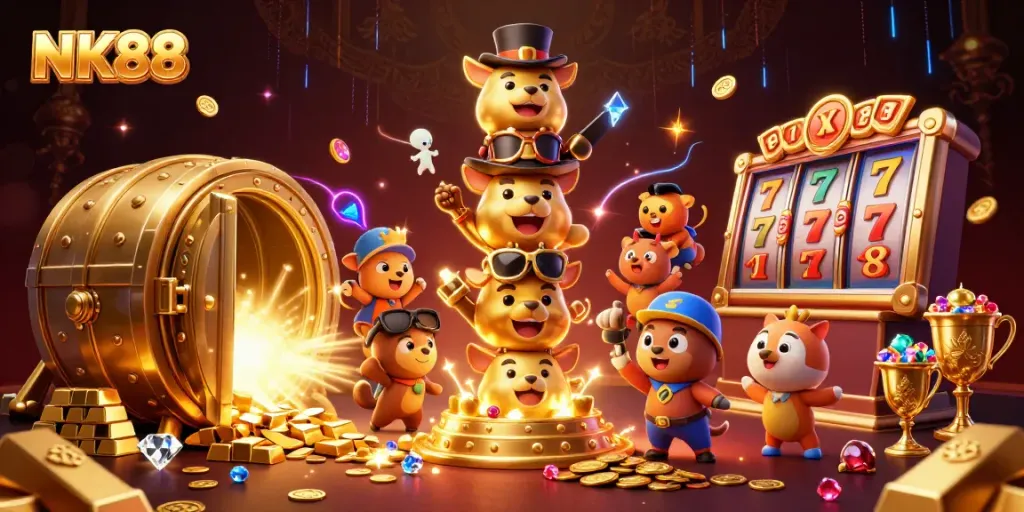 Capture the excitement of NK88's online casino experience with vibrant slot elements and animated totems.