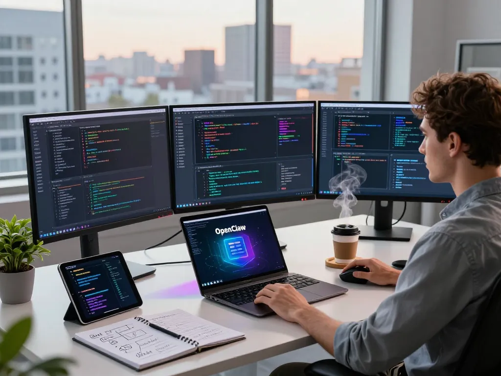 Software engineer utilizing Open Claw AI on a multi-monitor setup in a vibrant tech workspace.