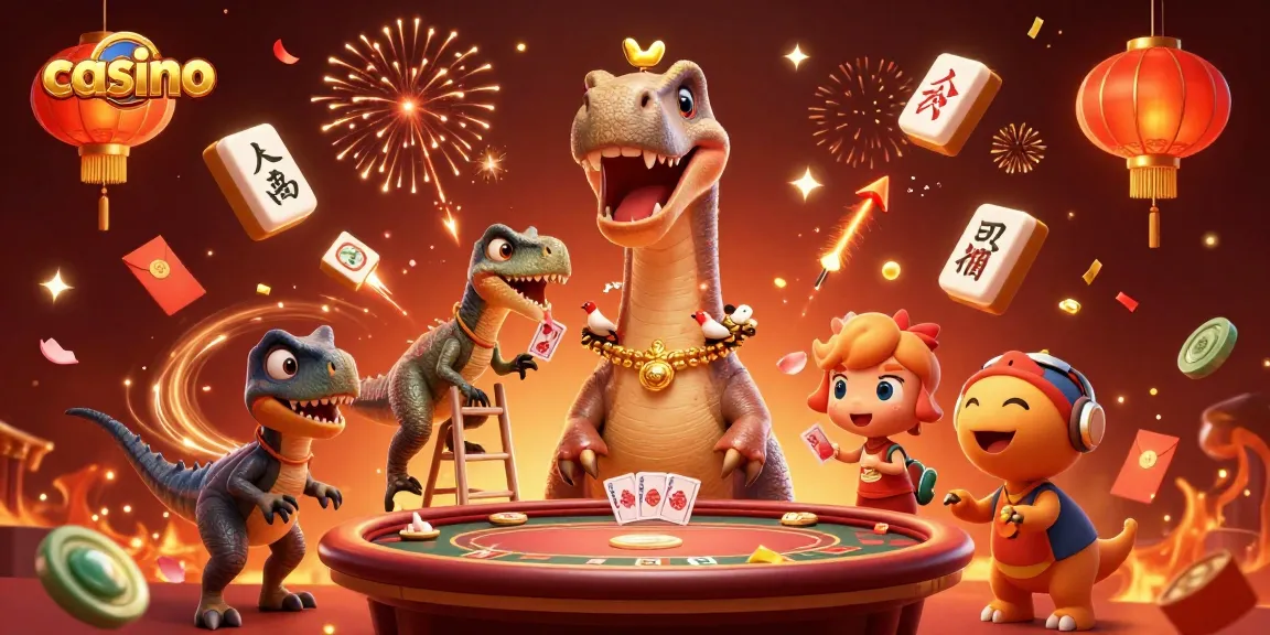Engage in thrilling casino action with a towering dinosaur at a poker table.