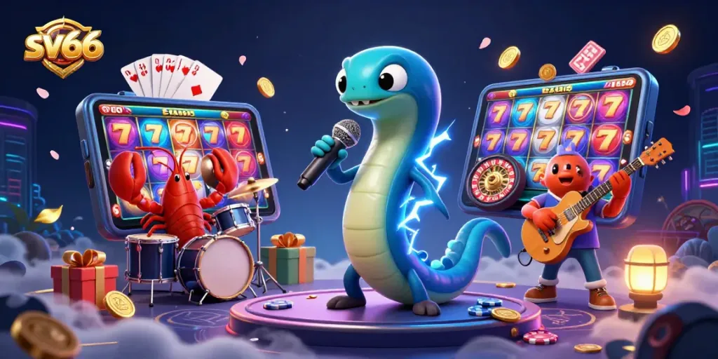 Join the electrifying sv66 show with a DJ eel, lobster drummer, and seahorse guitarist, amidst vibrant gaming elements.
