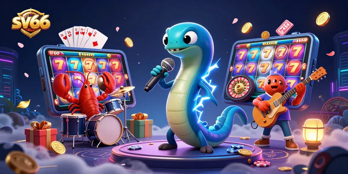 Join the electrifying sv66 show with a DJ eel, lobster drummer, and seahorse guitarist, amidst vibrant gaming elements.
