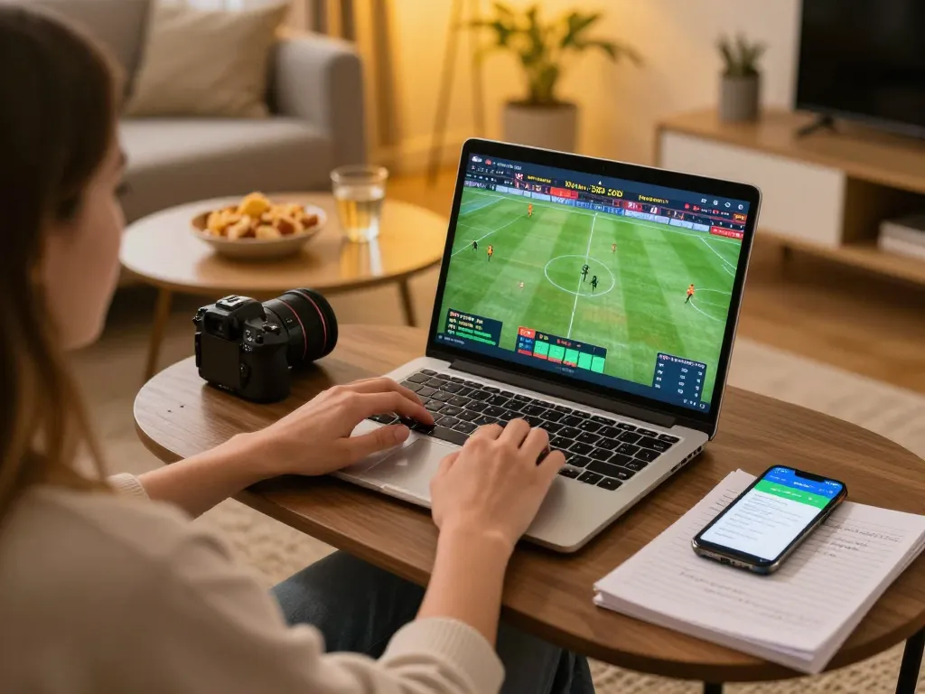 Person engaging in online betting on nowgoal soccer match screen from a cozy home setup