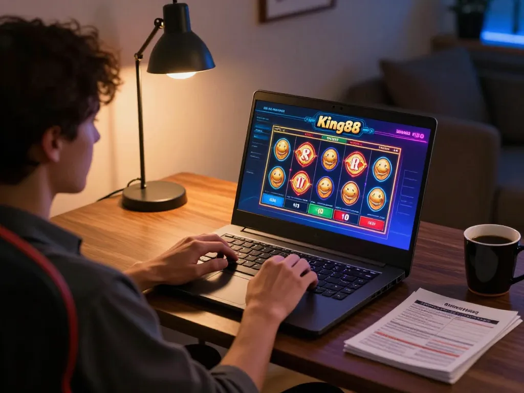 Player using King88 online casino interface on laptop in a cozy home setting