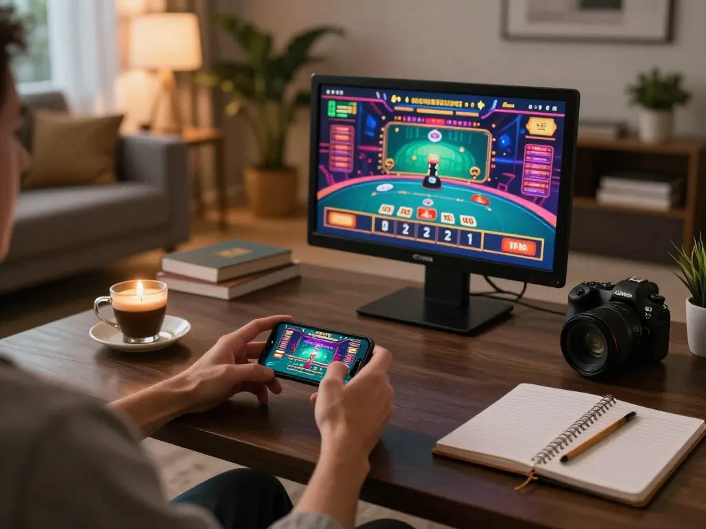 Player using TG88 app for live casino gaming on smartphone, showcasing responsible gaming practices in a cozy setting