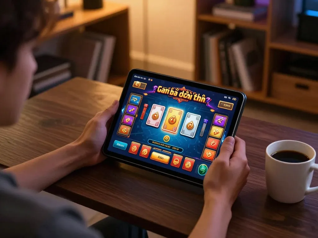 Playing Game bài đổi thưởng on a tablet in a cozy home office, showcasing vibrant game interface and relaxed atmosphere.