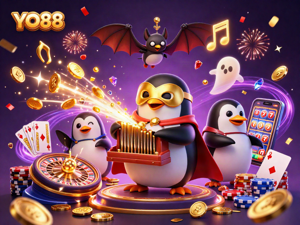 Experience excitement at YO88 with a vibrant 3D casino scene showcasing thrilling games and gold!