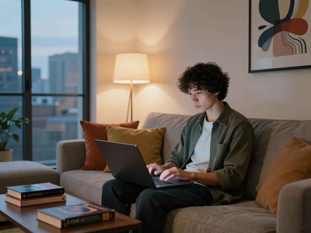 Engaging in an NSFW AI chat on a laptop in a cozy urban apartment setting.