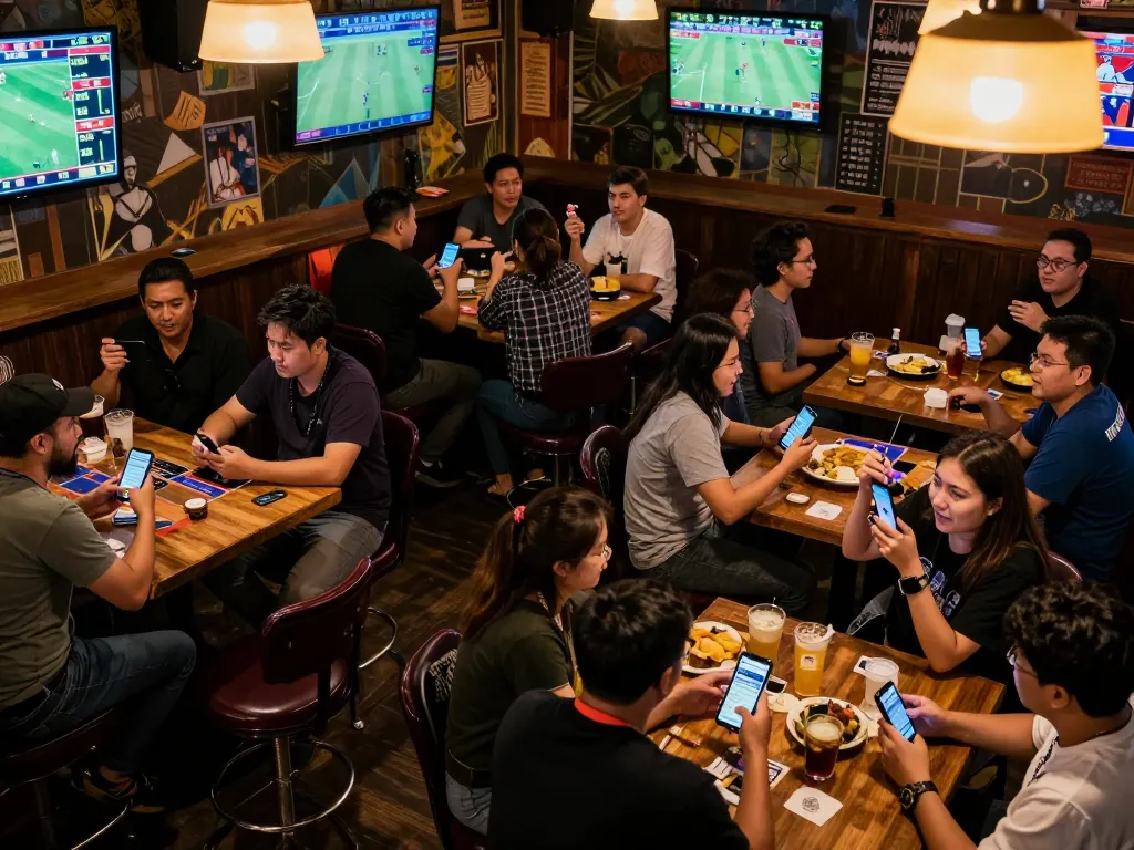 Excited patrons placing bets on smartphones at a lively sports bar using uu88