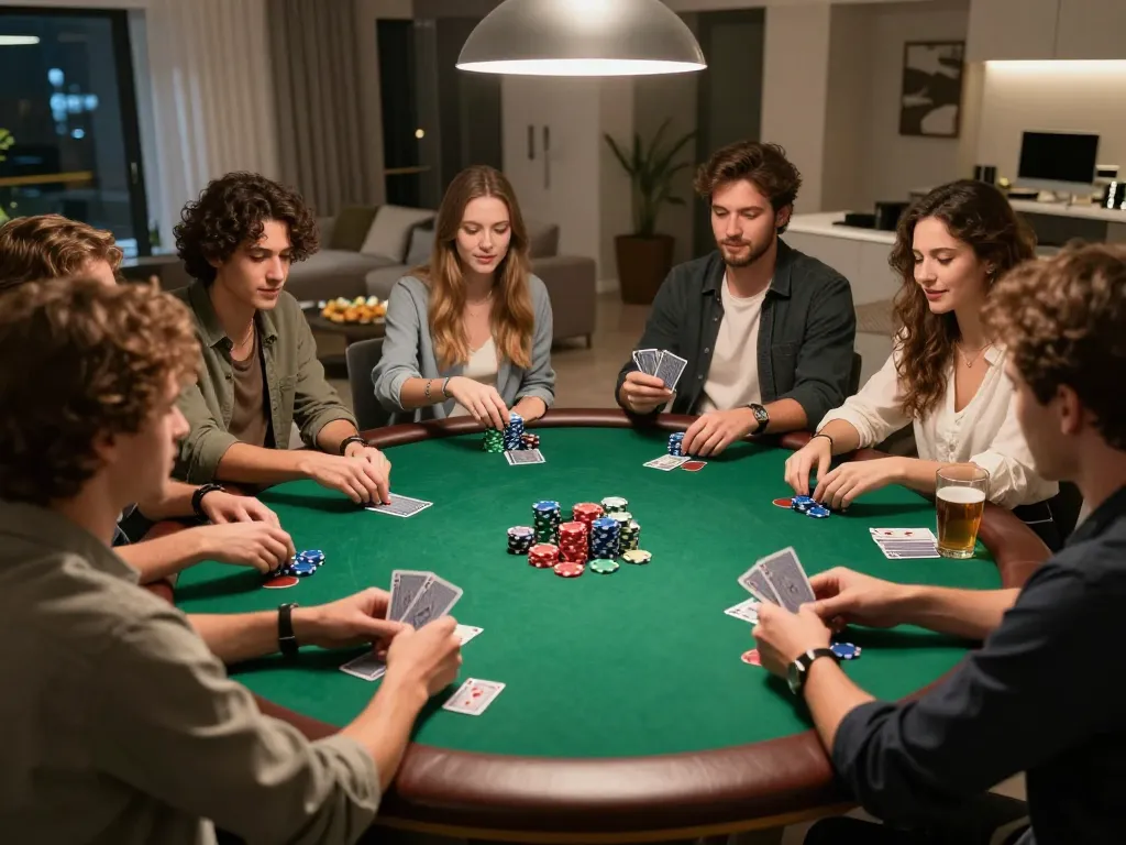 Engaging poker night scene with friends, showcasing kèo nhà cái strategies in action, drinks and snacks nearby.