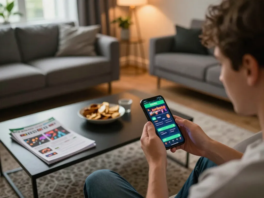 Engaging with the Lucky88 mobile app in a stylish home gaming setup, showcasing a relaxed atmosphere
