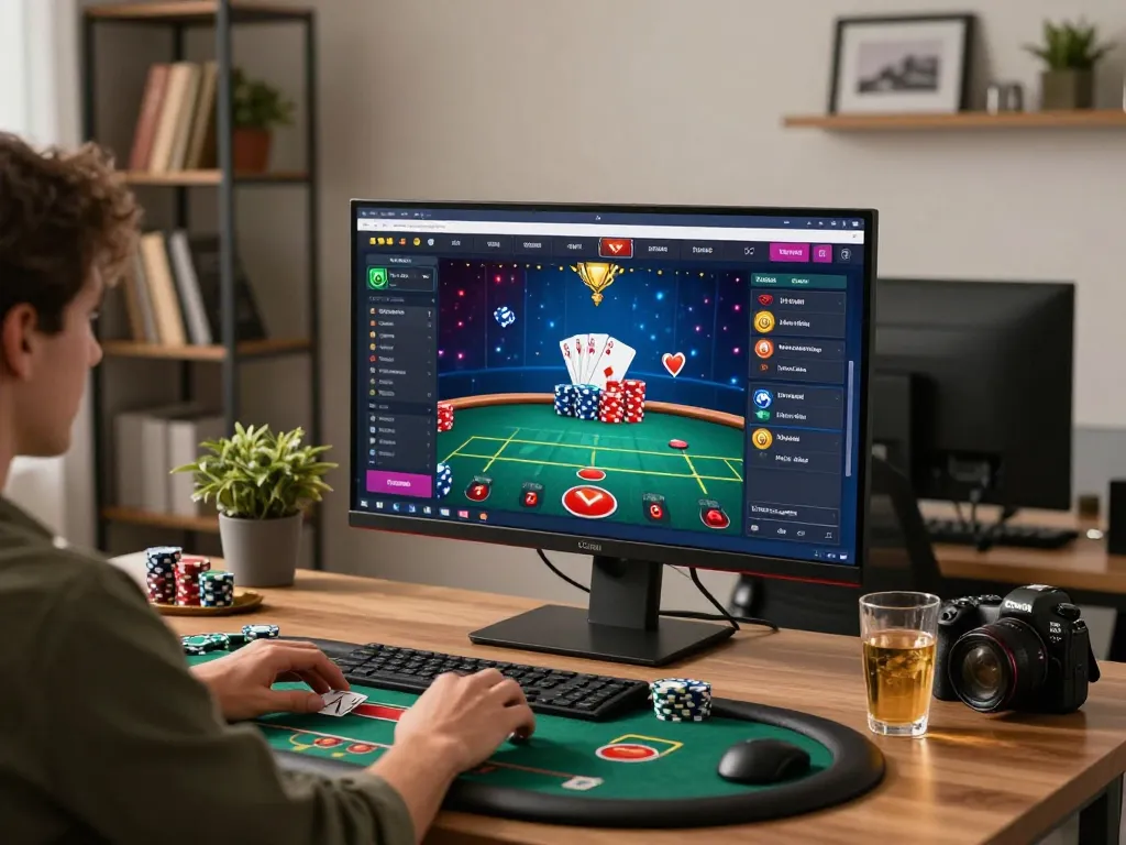 Person strategizing on vin777 casino gameplay on a high-resolution monitor in a stylish home office