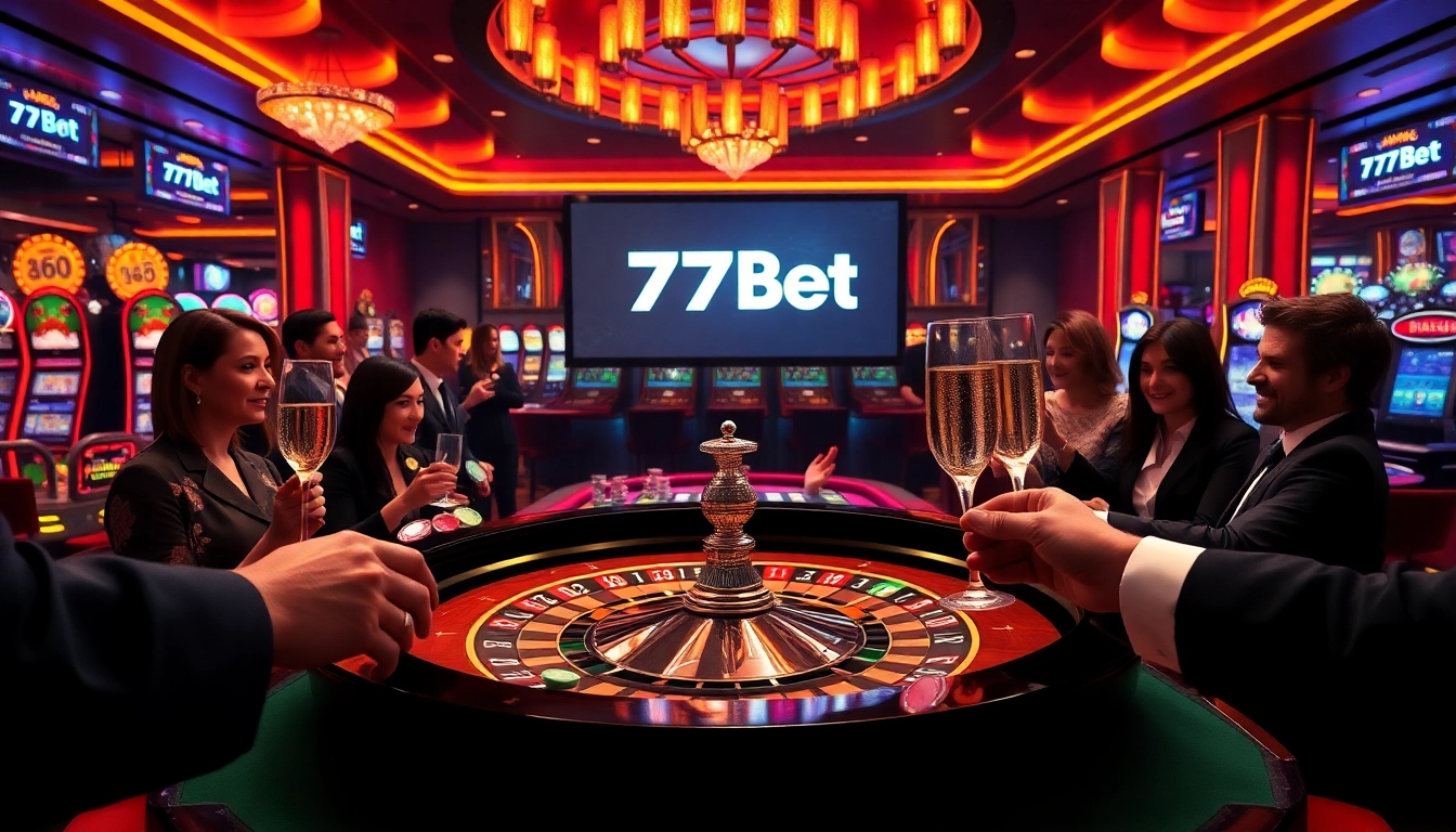 Gamblers enjoying high-stakes action at a 77Bet casino, surrounded by roulette and poker tables.