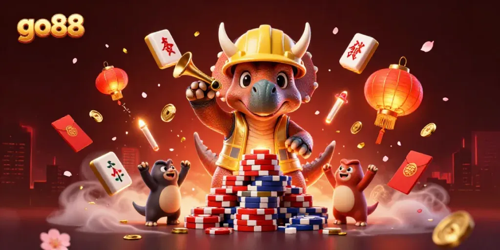 Engaging 3D render showcasing the vibrancy of go88's online gaming environment with dynamic characters and casino elements.
