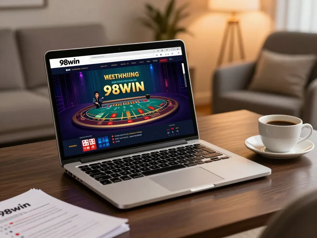 Engaging overview of a home gaming setup featuring online casino gameplay on the 98win platform.