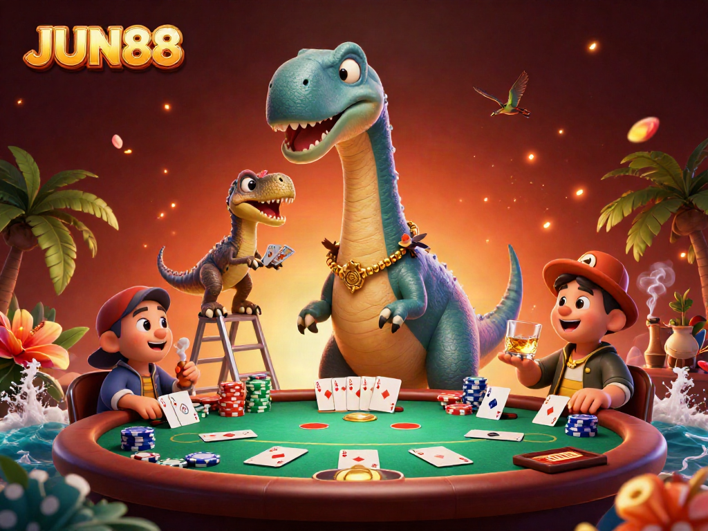 Experience JUN88 casino action with a towering brontosaurus dealer and vibrant poker scene.