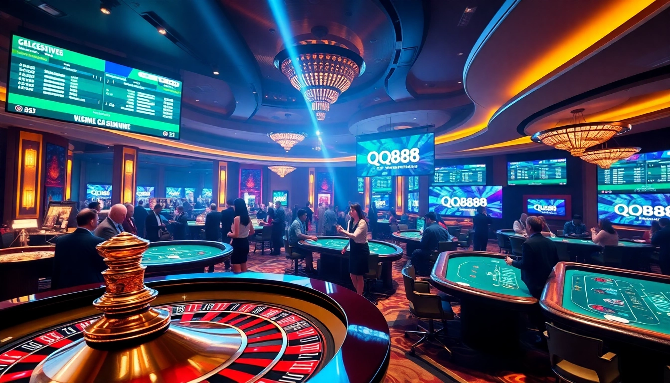 Players engaging at QQ88 casino tables with a roulette wheel and betting slips.