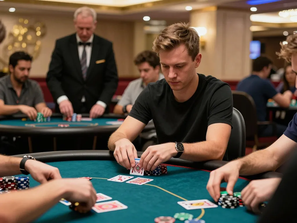 Players strategizing at the poker table at TR88, creating a dynamic casino atmosphere with chips and cards in action.