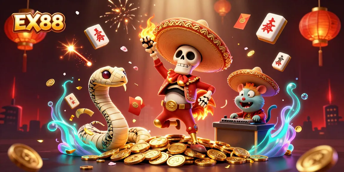 EX88 celebrates with a vibrant casino scene featuring characters, golden coins, and festive elements.