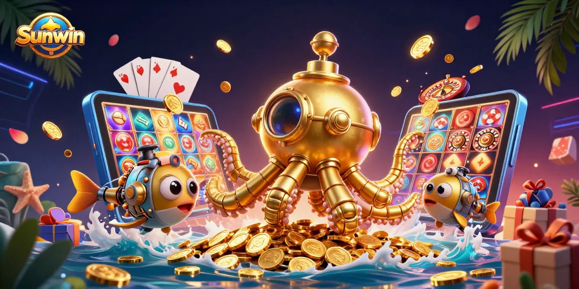 Win big with Sunwin as a golden kraken submarine emerges from coins in this vibrant illustration.