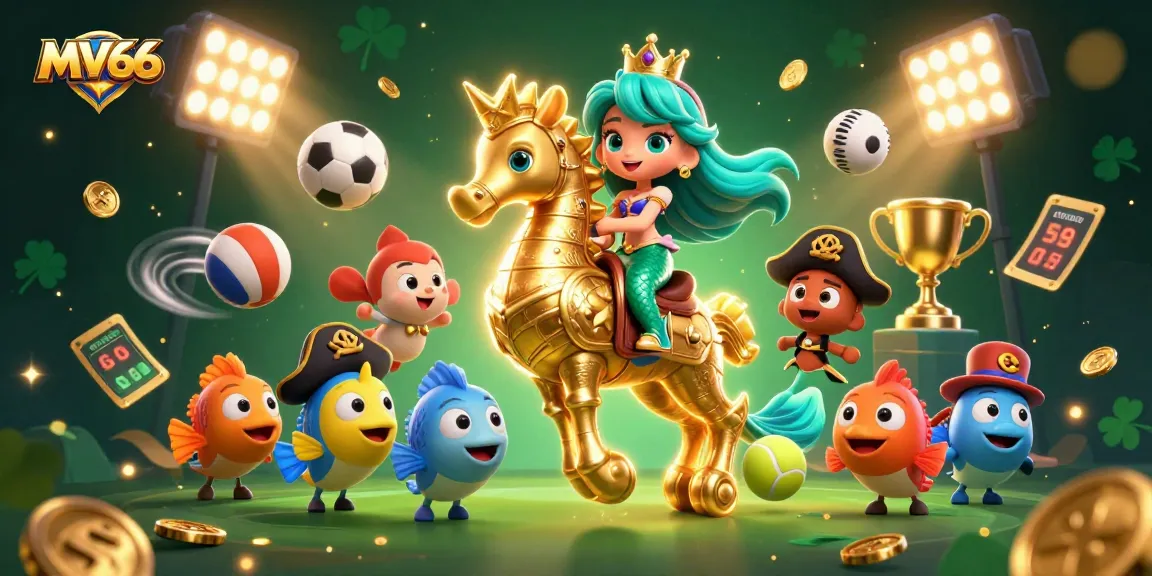 Engage in MV66 casino gaming excitement with a 3D cartoon mermaid princess and colorful sports elements.