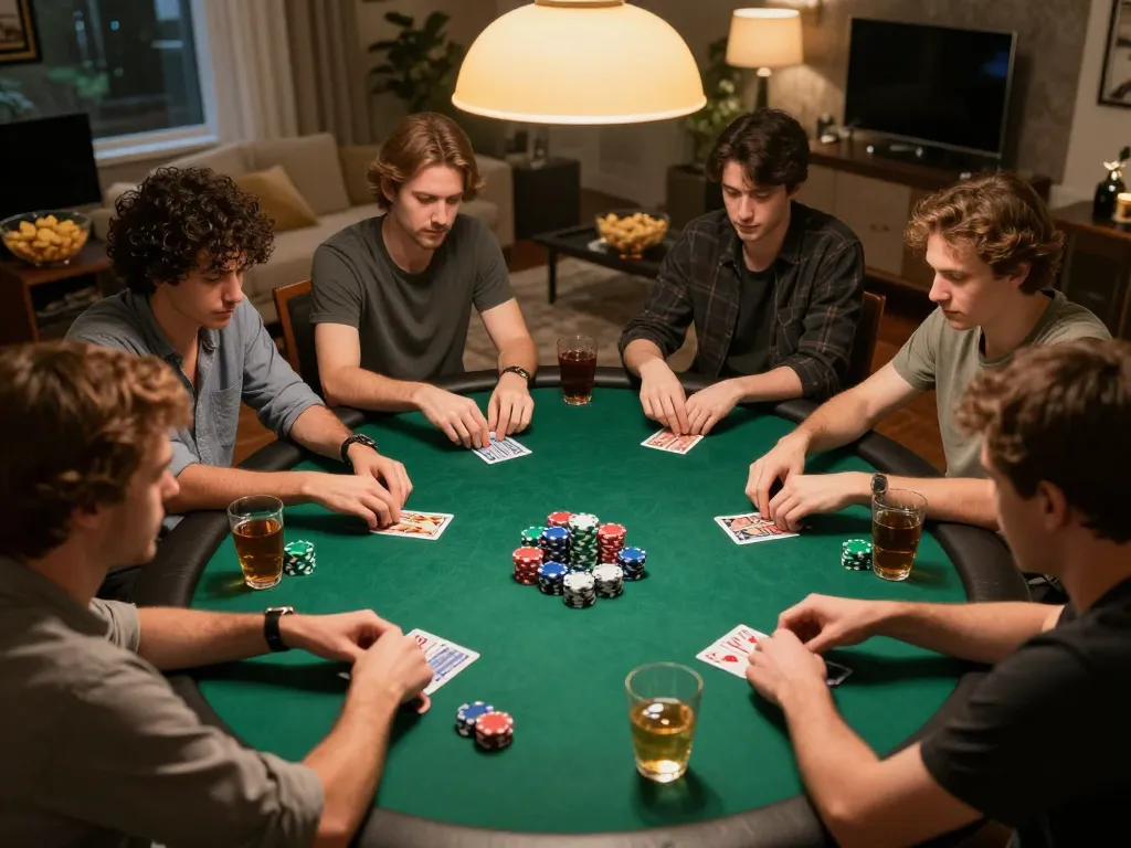 ve88 poker game with players engaged at a home gathering, colorful chips and snacks around