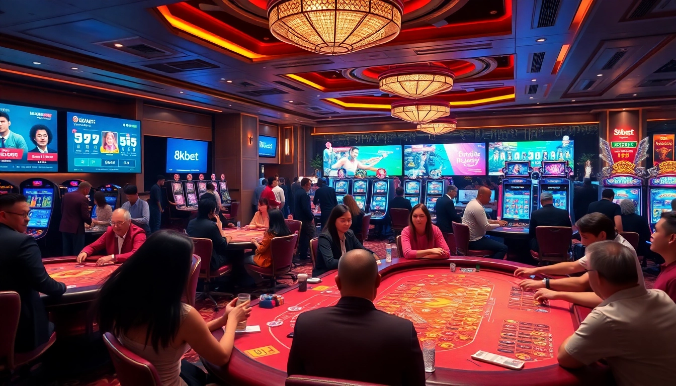 Players enjoy an exciting game at 8kbet casino with vibrant tables and digital interfaces.
