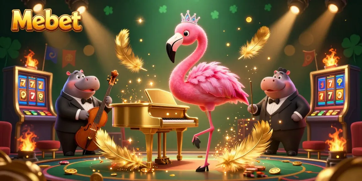 Mebet captures a vibrant casino scene with a flamingo singer and hippo bassist in an energetic setting.