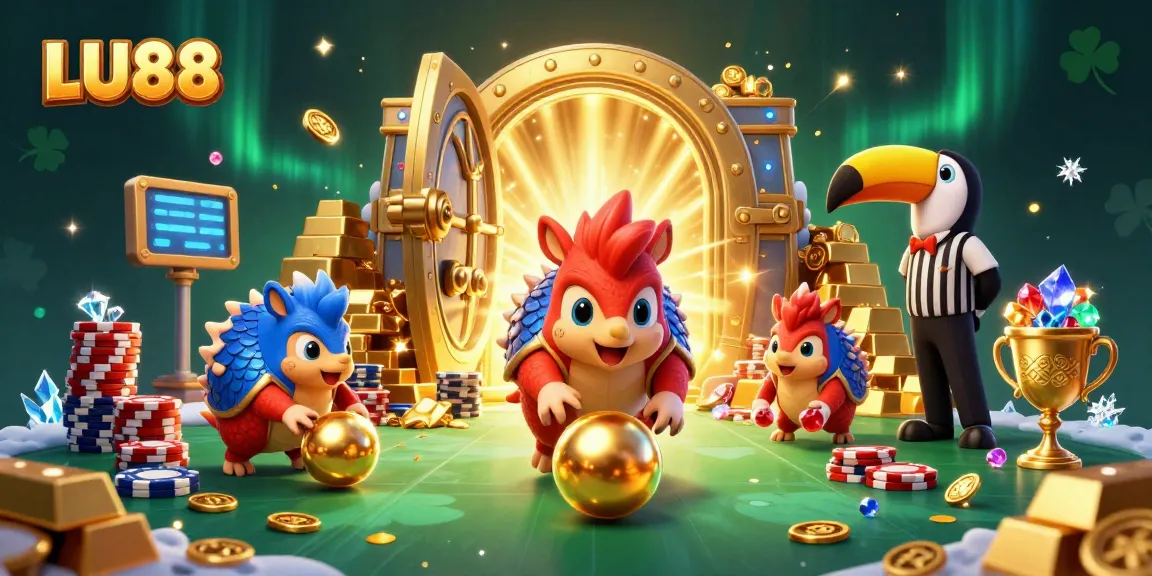LU88 pangolins roll golden balls in a vibrant casino scene with poker chips and dazzling treasures.
