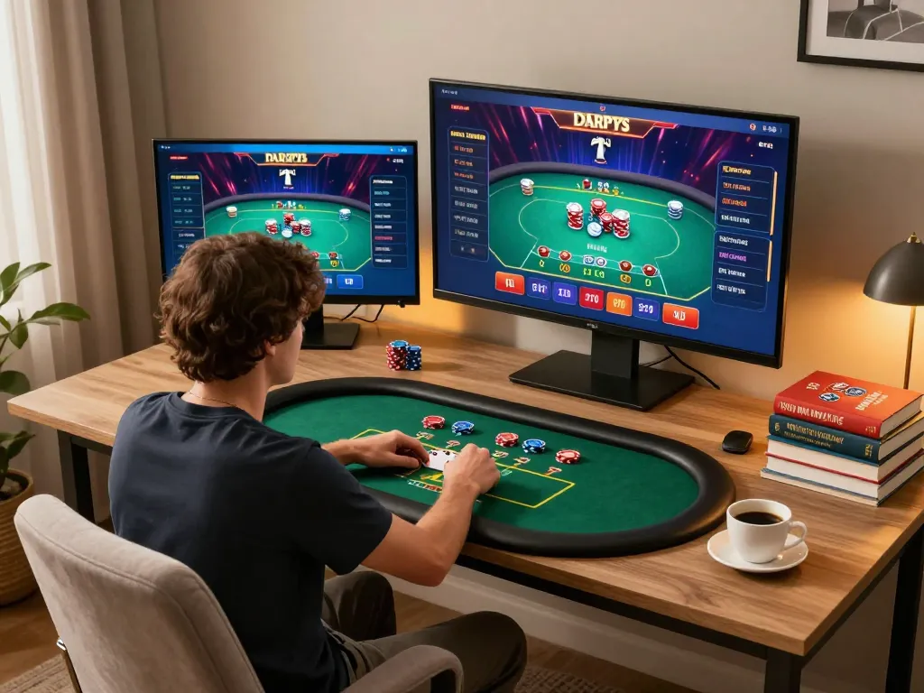 Player enjoying live poker on multiple screens at home, inspired by jaeyongkim's gaming approach.