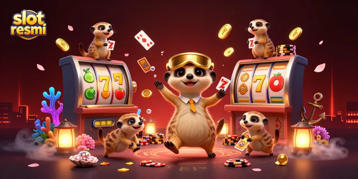 Immerse in slot resmi action with meerkats managing chips and slot reels in a vibrant casino setup.