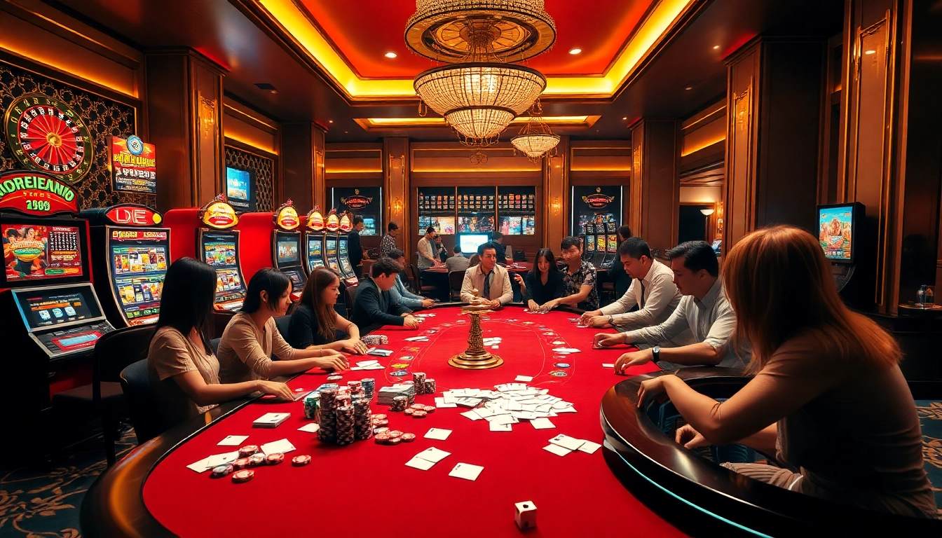 Players enjoying thrilling games at Ku88 casino, featuring vibrant tables and slot machines.