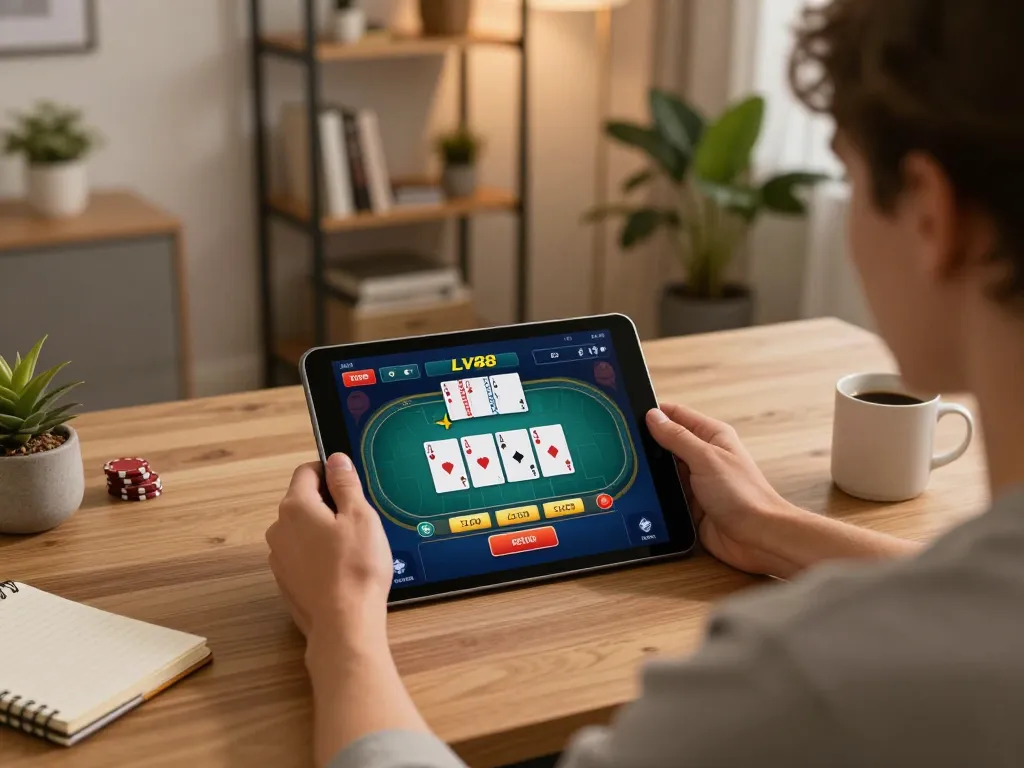 Engaging in LV88 online casino gaming with a tablet, enhancing betting strategy.