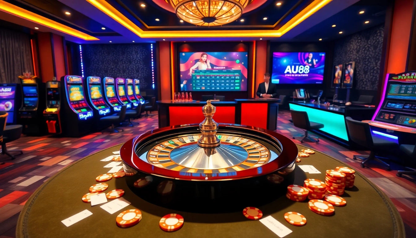 Experience the thrill at AU88 with vibrant casino visuals featuring roulette and slot machines.
