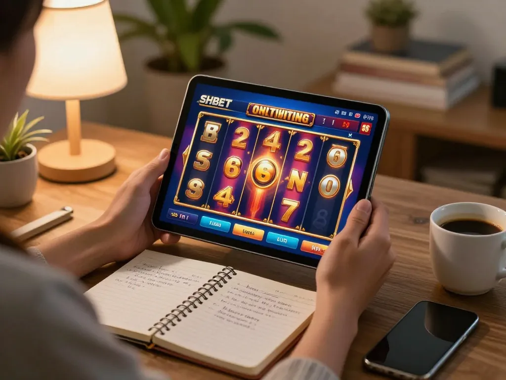 Engaging online gaming moment featuring SHBET slot gameplay on a stylish tablet.
