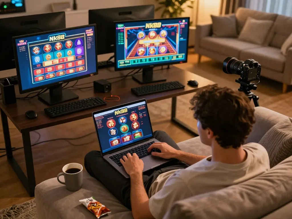 Nk88 online gambling setup featuring a player enjoying casino games on a laptop in a cozy home environment.