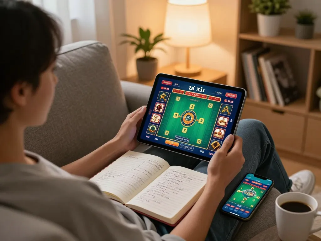Tài xỉu online gaming setup with intense focus and strategic notes in a cozy home atmosphere.