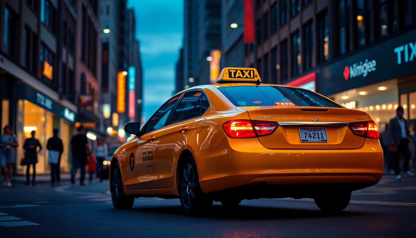A taxi cab parked in an urban setting, showcasing bustling city life in the background.