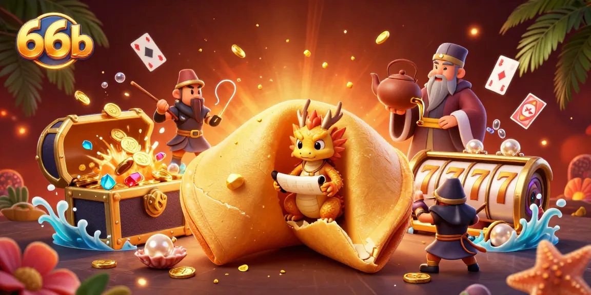 Spin the reels and discover fortunes with 66b's captivating casino scene featuring magical characters.